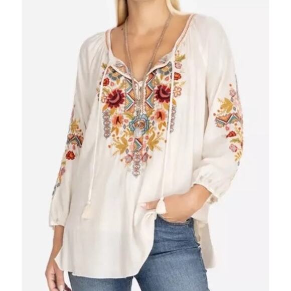 Johnny Was Clansy Peasant Embroidered Blouse Ivory Relax Boho Women's S - Picture 12 of 12